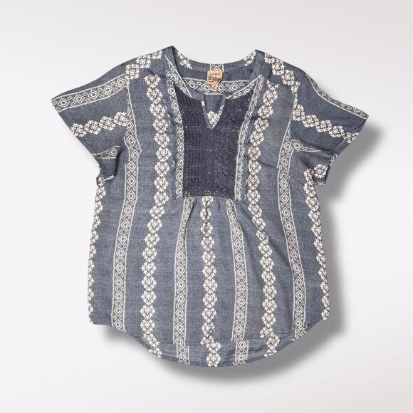 Como Vintage Blue & White Short Sleeve Boho Top Flowy Blouse Medium - Picture 6 of 8